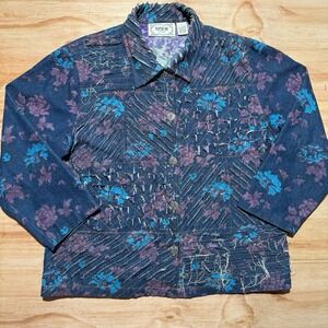 TANTRUMS LADIES DENIM FLORAL PRINT JACKET DISTRESSED FRONT SIZE L WEARABLE ART‎